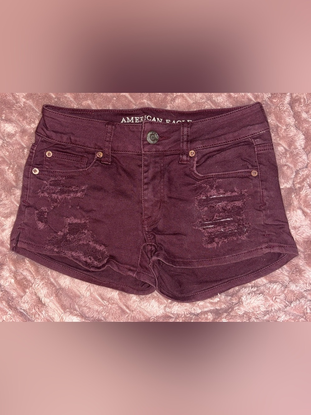 Low Rise AE Distressed Stretch Shortie- Maroon/Burgandy/Plum